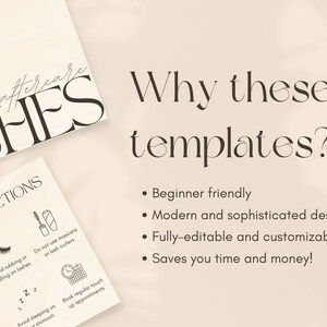 Peut inclure: Une image en noir et blanc avec le texte "aftercare lashes" et "Why these templates?" Le texte sous la question liste quatre points : Beginner friendly, Modern and sophisticated designs, Fully-editable and customizable, Saves you time and money!
