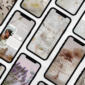 May include: A collection of phone screens showcasing various herbal products and their benefits. The screens feature images of herbs, flowers, and crystals, along with text describing their properties and uses. The text includes phrases like "Herbal Pairings", "Customer Review", "CBD Oil", and "Unwind".