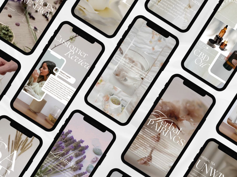 May include: A collection of phone screens showcasing various herbal products and their benefits. The screens feature images of herbs, flowers, and crystals, along with text describing their properties and uses. The text includes phrases like "Herbal Pairings", "Customer Review", "CBD Oil", and "Unwind".