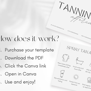May include: A black and white printable guide with the text "TANNING aftercare" and "SPRAY TAN AFTERCARE" with instructions for aftercare of a spray tan. The instructions include wearing loose clothing, avoiding water for 6-8 hours, skipping exfoliation until fading, protecting from sun exposure, patting skin dry after bathing, moisturizing with lotion, booking regular touch-up appointments, and consulting if irritation occurs.