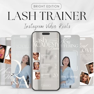 Könnte beinhalten: Fünf Instagram-Story-Vorlagen für eine Wimpernakademie. Die Vorlagen sind in einem hellgrauen Farbschema mit weißer Schrift gehalten. Der Text auf den Vorlagen lautet "Lash Academy", "Kommende Termine", "Jetzt im Angebot", "Schüler Q&A" und "Kundenliebe".