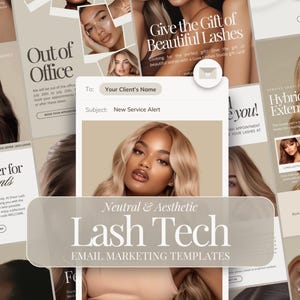 以下が含まれることがあります： ニュートラルで洗練されたまつげエクステ技術者のためのメールマーケティングテンプレート。美しいまつげをしたモデルの写真と、「美しいまつげの贈り物」や「ハイブリッドまつげエクステ」というテキストのコラージュ。