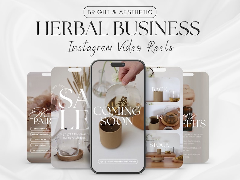 May include: A collage of Instagram video reels for a herbal business. The reels feature images of tea, herbs, and a sale announcement. The text on the reels includes "Coming Soon", "Sale", "Benefits", and "Stock".