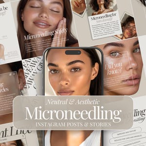 Può includere: Un collage di post e storie di Instagram sulla microneedling. Le immagini mostrano primi piani di volti e testo sui benefici della microneedling, come il miglioramento della texture della pelle, la riduzione delle linee sottili e delle rughe e il miglioramento dell'elasticità. Il testo "Neutral & Aesthetic Microneedling" è presente al centro del collage.