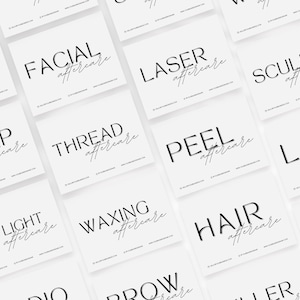 May include: A set of white cards with black text, each card listing a different type of beauty treatment and the word "aftercare". The treatments include: Facial, Laser, Sculpt, Scalp, Thread, Peel, Red Light, Waxing, Lash, Hair, Brow, and Derma.
