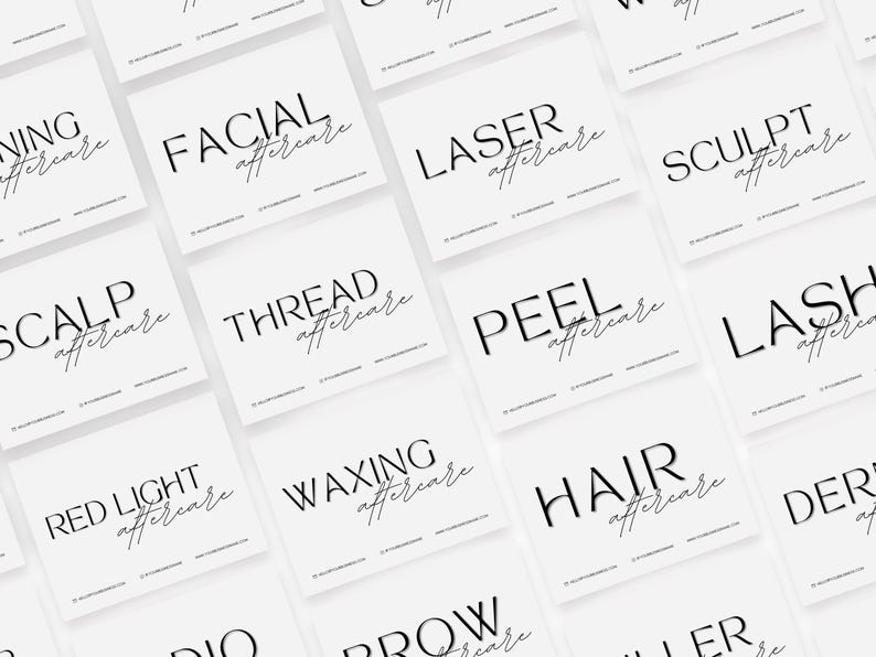 May include: A set of white cards with black text, each card listing a different type of beauty treatment and the word "aftercare". The treatments include: Facial, Laser, Sculpt, Scalp, Thread, Peel, Red Light, Waxing, Lash, Hair, Brow, and Derma.