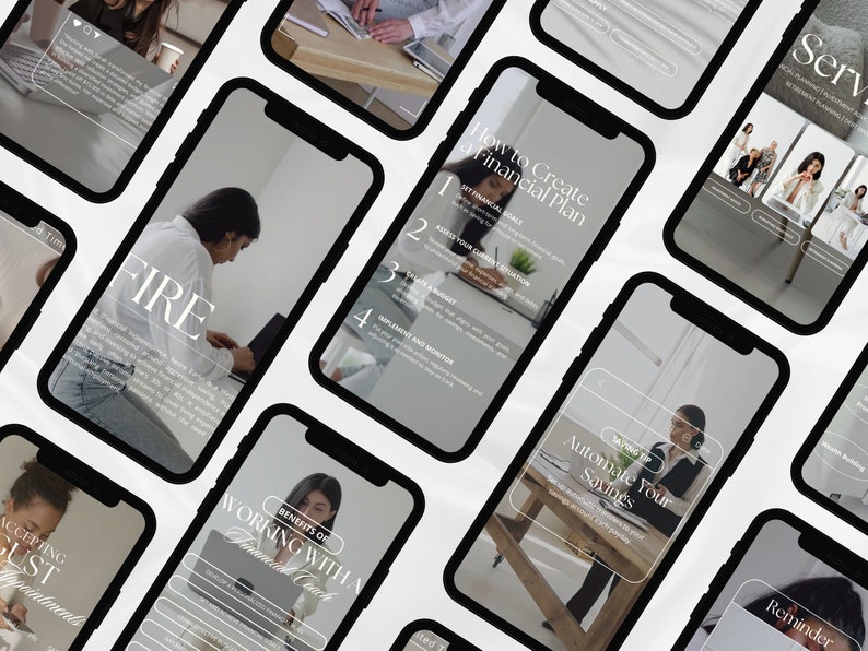 May include: A collection of phone screens with text and images related to financial planning and coaching. The text includes "How to Create a Financial Plan", "Benefits of Working with a Financial Coach", "Automate Your Savings", and "FIRE".