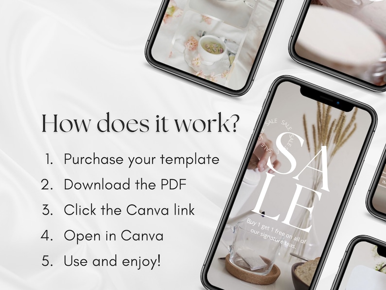 May include: A phone screen displaying a Canva template for a social media post promoting a sale on tea. The text on the screen reads "SALE" and "Buy 1 get 1 free on all of our signature teas."