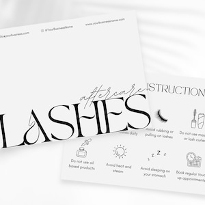 Könnte beinhalten: Schwarzweißes Grafik mit dem Text "LASHES" und Pflegehinweisen für Wimpernverlängerungen. Die Hinweise beinhalten die Vermeidung von ölbasierten Produkten, Hitze und Reiben oder Ziehen an den Wimpern. Es wird auch empfohlen, regelmäßige Auffrischungs-Termine zu vereinbaren.