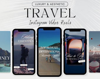 Può includere: Un collage di cinque schermate di smartphone che mostrano reel video di Instagram a tema viaggi. I reel presentano immagini di articoli essenziali per l'escursionismo, le migliori destinazioni remote in Australia, come volare in classe business gratuitamente e un viaggio attraverso la Cappadocia.