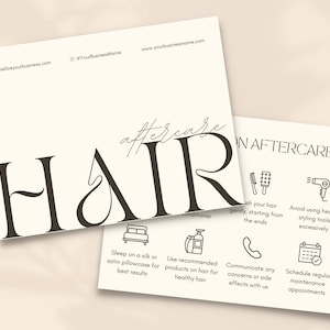 Cuidados posteriores com extensões de cabelo | Instruções de cuidados posteriores para salão | Modelo para esteticista | Papelaria para salão | Logotipo para extensões de cabelo | Cartões de cuidados posteriores