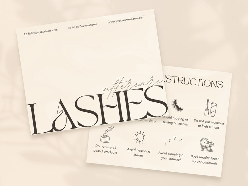 Peut inclure: Une carte blanche avec du texte noir qui dit "aftercare INSTRUCTIONS LASHES" et qui &eacute;num&egrave;re les instructions pour les soins post-pose de cils. Les instructions comprennent : &Eacute;viter de frotter ou de tirer sur les cils, Ne pas utiliser de mascara ou de recourbe-cils, Ne pas utiliser de produits &agrave; base d'huile, &Eacute;viter la chaleur et la vapeur, &Eacute;viter de dormir sur le ventre, Prendre rendez-vous r&eacute;guli&egrave;rement pour des retouches.