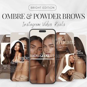 May include: A digital marketing image for ombre and powder brow services. The image features four different phone screens with various models showcasing the brow services. The text on the screens reads "Ombre Powder Brows", "BROW GLOW UP", "Spotlight", and "Minute Appointments".
