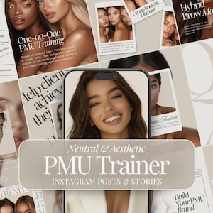 Puede incluir: Un collage de publicaciones e historias de Instagram para un entrenador de PMU. Las imágenes muestran modelos con maquillaje neutro y una pantalla de teléfono que muestra un modelo con una estética neutral. El texto "Neutral & Aesthetic PMU Trainer" se muestra en un cuadro blanco con un contorno negro. El texto "INSTAGRAM POSTS & STORIES" se muestra debajo del título.