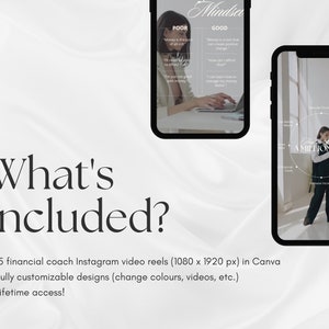 May include: Two phone screens showing Instagram video reels for a financial coach. The first reel has text about mindset and money. The second reel has a woman standing in a room with the text "Become A Millionaire". The text below the screens says "What's included?" and lists three bullet points: 15 financial coach Instagram video reels (1080 x 1920 px) in Canva, Fully customizable designs (change colors, videos, etc.), and Lifetime access!