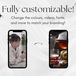 May include: Two screenshots of Instagram posts on a smartphone. The first post shows a woman in a white shirt with the text "Relax your mind". The second post shows a glass teapot pouring tea into a glass cup with the text "Enjoy our new product".