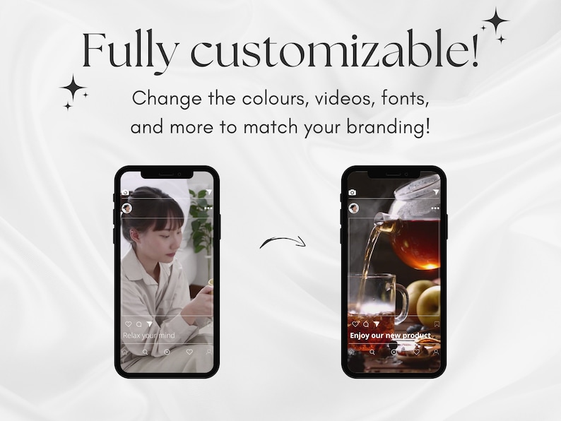 May include: Two screenshots of Instagram posts on a smartphone. The first post shows a woman in a white shirt with the text "Relax your mind". The second post shows a glass teapot pouring tea into a glass cup with the text "Enjoy our new product".