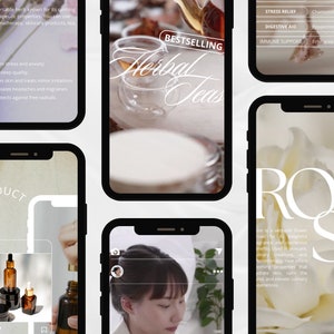 May include: A collage of phone screens showcasing different herbal teas and their benefits. The top screen features the text "Bestselling Herbal Teas" and a close-up of a cup of tea. The other screens highlight the benefits of various teas, such as stress relief, digestive aid, and immune support. The bottom screen features a close-up of a white rose with the text "Rose" in large, bold letters.