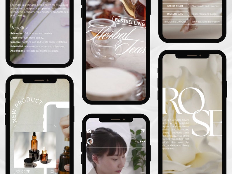 May include: A collage of phone screens showcasing different herbal teas and their benefits. The top screen features the text "Bestselling Herbal Teas" and a close-up of a cup of tea. The other screens highlight the benefits of various teas, such as stress relief, digestive aid, and immune support. The bottom screen features a close-up of a white rose with the text "Rose" in large, bold letters.