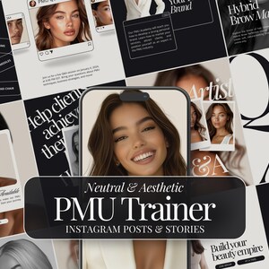 May include: A collage of images promoting a PMU training course. The images feature models with neutral makeup, text that says "Neutral & Aesthetic PMU Trainer", and the phrase "Build your beauty empire".