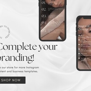 Pode incluir: Um gr&aacute;fico branco e cinza com o texto "Complete your branding!" e "See our store for more Instagram content and business templates." Um bot&atilde;o diz "SHOP NOW". Duas telas de smartphone s&atilde;o mostradas. Uma tela mostra uma lista de etapas numeradas para a cicatriza&ccedil;&atilde;o das sobrancelhas. A outra tela mostra o rosto de uma mulher com o texto "Stages of Brow Healing".