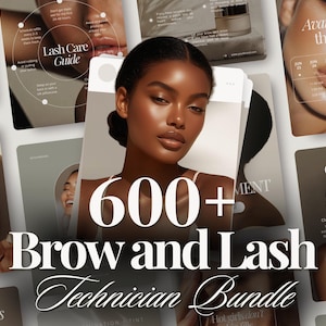 Könnte beinhalten: Werbebild mit einem dunkelhäutigen Model, umgeben von Beauty-Grafiken. Der Text "600+ Brow and Lash Technician Bundle" ist prominent. Weitere Grafiken zeigen Wimpernpflegetipps und verfügbare Termine.