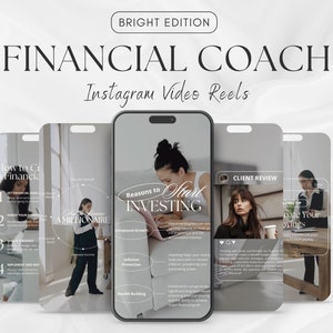 May include: Four phone screens with different financial coaching tips. The first screen has a list of steps on how to create a financial plan. The second screen shows a woman standing in front of a window with the text "A Millionaire" in a circle. The third screen shows a woman sitting at a desk with the text "Reasons to Start Investing" and a list of reasons to invest. The fourth screen shows a woman sitting at a desk with the text "Client Review" and a testimonial about the financial coach.