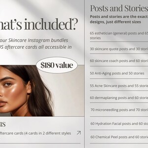 Pu&ograve; includere: Una grafica che mostra il contenuto di un pacchetto Instagram per la cura della pelle. Il pacchetto include 9 diversi set di post e storie di Instagram, tra cui estetista, citazioni sulla cura della pelle, coach di cura della pelle, anti-et&agrave;, cura della pelle per l'acne, dermaplaning, microneedling, trattamento viso idratante e peeling chimico. Il pacchetto include anche 16 carte di assistenza post-PMU. La grafica indica che il pacchetto ha un valore di 180&nbsp;&euro;.