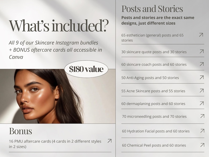 Pu&ograve; includere: Una grafica che mostra il contenuto di un pacchetto Instagram per la cura della pelle. Il pacchetto include 9 diversi set di post e storie di Instagram, tra cui estetista, citazioni sulla cura della pelle, coach di cura della pelle, anti-et&agrave;, cura della pelle per l'acne, dermaplaning, microneedling, trattamento viso idratante e peeling chimico. Il pacchetto include anche 16 carte di assistenza post-PMU. La grafica indica che il pacchetto ha un valore di 180&nbsp;&euro;.