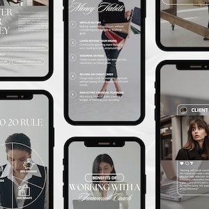 May include: A phone screen displaying a financial coaching service with the title "Master Your Money". The screen also shows a pie chart with the title "50 30 20 Rule" and the categories "Needs", "Savings", and "Wants".