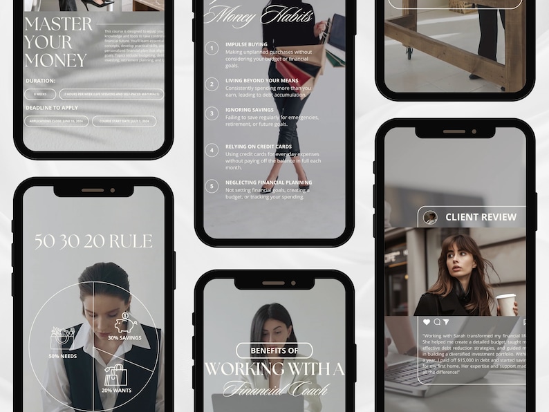 May include: A phone screen displaying a financial coaching service with the title "Master Your Money". The screen also shows a pie chart with the title "50 30 20 Rule" and the categories "Needs", "Savings", and "Wants".
