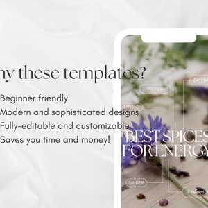 May include: A smartphone screen displaying a graphic with the text "Best Spices for Energy" and a list of spices including turmeric, cayenne, pepper, ginger, and cinnamon. The graphic is overlaid on a photo of purple flowers and brown seeds.