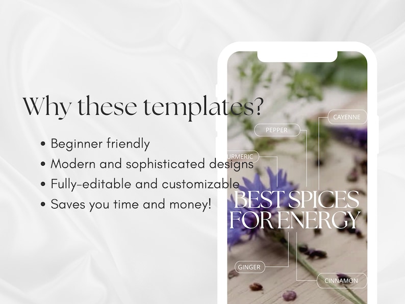 May include: A smartphone screen displaying a graphic with the text "Best Spices for Energy" and a list of spices including turmeric, cayenne, pepper, ginger, and cinnamon. The graphic is overlaid on a photo of purple flowers and brown seeds.