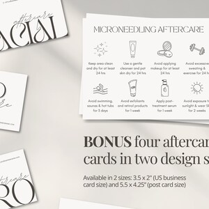 Pu&ograve; includere: Un set di quattro carte stampabili in bianco e nero con istruzioni per la cura post-trattamento dopo un trattamento di microneedling. Le carte sono disponibili in due dimensioni: 3,5 x 2 pollici e 5,5 x 4,25 pollici.
