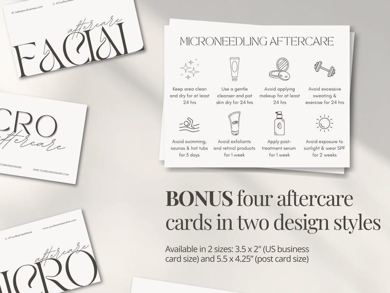 Pu&ograve; includere: Un set di quattro carte stampabili in bianco e nero con istruzioni per la cura post-trattamento dopo un trattamento di microneedling. Le carte sono disponibili in due dimensioni: 3,5 x 2 pollici e 5,5 x 4,25 pollici.