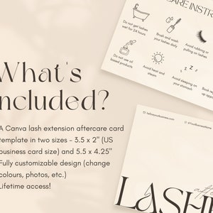 Peut inclure: Un mod&egrave;le de carte d'entretien apr&egrave;s pose d'extensions de cils Canva beige et blanc avec du texte noir et des illustrations. La carte comprend des instructions pour l'entretien des cils, telles que l'&eacute;vitement de la chaleur et de la vapeur, le sommeil sur le ventre et l'utilisation de produits &agrave; base d'huile. Le texte sur la carte indique "Instructions d'entretien apr&egrave;s pose d'extensions de cils".