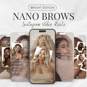 Könnte beinhalten: Vier Telefonbildschirme, die verschiedene Instagram-Videoreels zu Nanobrows zeigen. Der erste Bildschirm zeigt eine Frau mit langen Wimpern und dem Text "Lange Wimpern und Nanobrows". Der zweite Bildschirm zeigt eine Frau mit der Bildunterschrift "Vor Ihrem Augenbrauen-Termin". Der dritte Bildschirm zeigt eine Frau mit der Bildunterschrift "Nano Brow Glow Up". Der vierte Bildschirm zeigt eine Frau mit der Bildunterschrift "Nanoblading vs. Microblading".