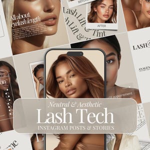Op de afbeelding: Een collage van afbeeldingen die wimperdiensten promoten. De afbeeldingen tonen modellen met lange wimpers en tekst die luidt "Meet your Lash Tech", "All about eyelash length", "Lash Lift & Tint", "Lash Extension", "Neutral & Aesthetic Lash Tech Instagram Posts & Stories" en "Lash Growth Cycle".