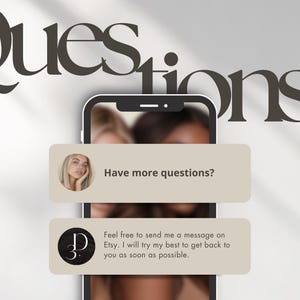 Pu&ograve; includere: Lo schermo di uno smartphone che mostra un messaggio che chiede "Hai altre domande?" con un link per contattare il venditore su Etsy. Il messaggio dice "Sentiti libero di inviarmi un messaggio su Etsy. Far&ograve; del mio meglio per risponderti il prima possibile."