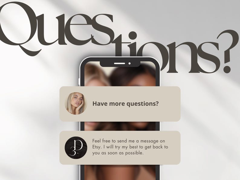 Pu&ograve; includere: Lo schermo di uno smartphone che mostra un messaggio che chiede "Hai altre domande?" con un link per contattare il venditore su Etsy. Il messaggio dice "Sentiti libero di inviarmi un messaggio su Etsy. Far&ograve; del mio meglio per risponderti il prima possibile."