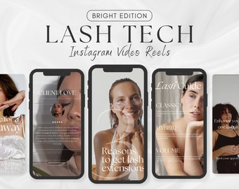 May include: Four phone screens showing different Instagram Reels for a lash technician. The first screen says "Time for a giveaway". The second screen says "Client Love" and has a testimonial. The third screen says "Reasons to get lash extensions". The fourth screen says "Lash Guide" and lists different lash styles: Classic, Hybrid, and Volume.