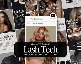 May include: Neutral and Aesthetic Lash Tech Email Marketing Templates. A collage of images featuring models with long eyelashes and text about lash extensions and services.