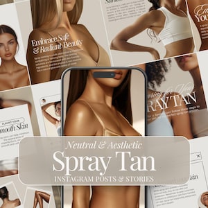 Könnte beinhalten: Eine Collage von Bildern, die Spraytan-Dienstleistungen bewerben. Die Bilder zeigen Models mit strahlender Haut und Text, der "Neutral & Aesthetic Spray Tan", "Embrace Safe & Radiant Beauty", "Flaunt Your Smooth Skin", "Caring for Your Ray Tan" und "Your Heal" lautet.
