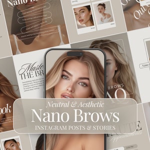May include: A collage of Instagram posts and stories promoting a beauty service called "Nano Brows". The images feature models with neutral makeup and perfectly shaped eyebrows. The text "Neutral & Aesthetic Nano Brows" is prominently displayed in the centre of the collage.