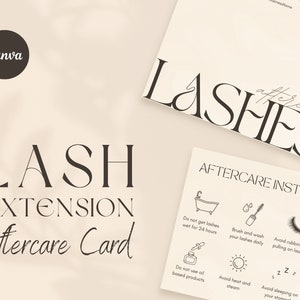 Peut inclure: Une carte d'instructions d'apr&egrave;s-soins en noir et blanc pour les extensions de cils. La carte comprend des instructions telles que "Ne pas mouiller les cils pendant 24 heures", "Brosser et laver les cils quotidiennement", "&Eacute;viter de frotter ou de tirer sur les cils", "Ne pas utiliser de produits &agrave; base d'huile", "&Eacute;viter la chaleur et la vapeur", "&Eacute;viter de dormir sur le ventre", et "Prendre rendez-vous pour un remplissage dans 2-3 semaines".