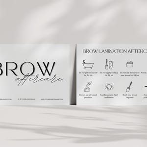 May include: A black and white infographic with the text "BROW LAMINATION AFTERCARE" and a list of instructions for brow care after lamination. The instructions include: Do not get brows wet for 24 hrs, Do not apply makeup for 24 hrs, Do not use skincare on your brows for 24 hrs, Avoid using exfoliating skincare, Do not use oil based products, Avoid excessive heat and steam, Brush your brows regularly, Avoid rubbing or pulling on lashes.