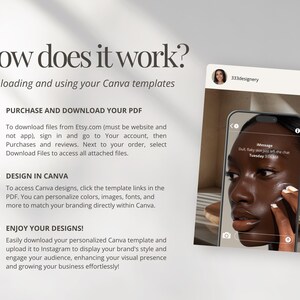 Pu&ograve; includere: Uno sfondo bianco con testo nero che spiega come scaricare e utilizzare i modelli Canva. Il testo include i passaggi: Acquista e scarica il tuo PDF, Progetta in Canva e Goditi i tuoi progetti! L'immagine include anche uno screenshot di un telefono cellulare che mostra un modello Canva.