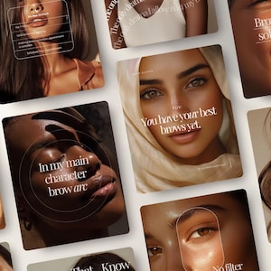 Könnte beinhalten: Eine Sammlung von Social-Media-Posts zum Thema Schönheit, die Nahaufnahmen von Gesichtern mit fachmännisch gestylten Augenbrauen zeigen. Text-Overlays enthalten Sätze wie "In my main character brow arc" und "You have your best brows yet."