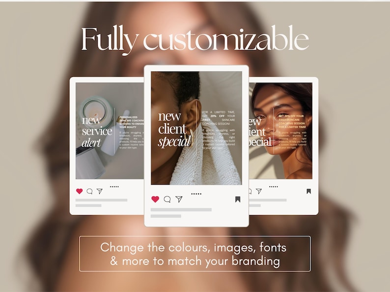 Pu&ograve; includere: Tre modelli di post di Instagram con sfondo bianco e testo nero. Il testo sul post di sinistra dice "nuovo avviso di servizio". Il testo sul post centrale dice "nuova offerta speciale per i nuovi clienti". Il testo sul post di destra dice "nuova offerta speciale per i nuovi clienti".