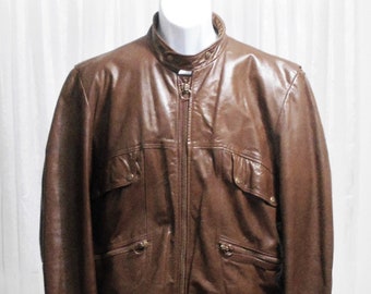 Genuine Yamaha Brown Leather Lined Zip Motorcycle Jacket Men's 46